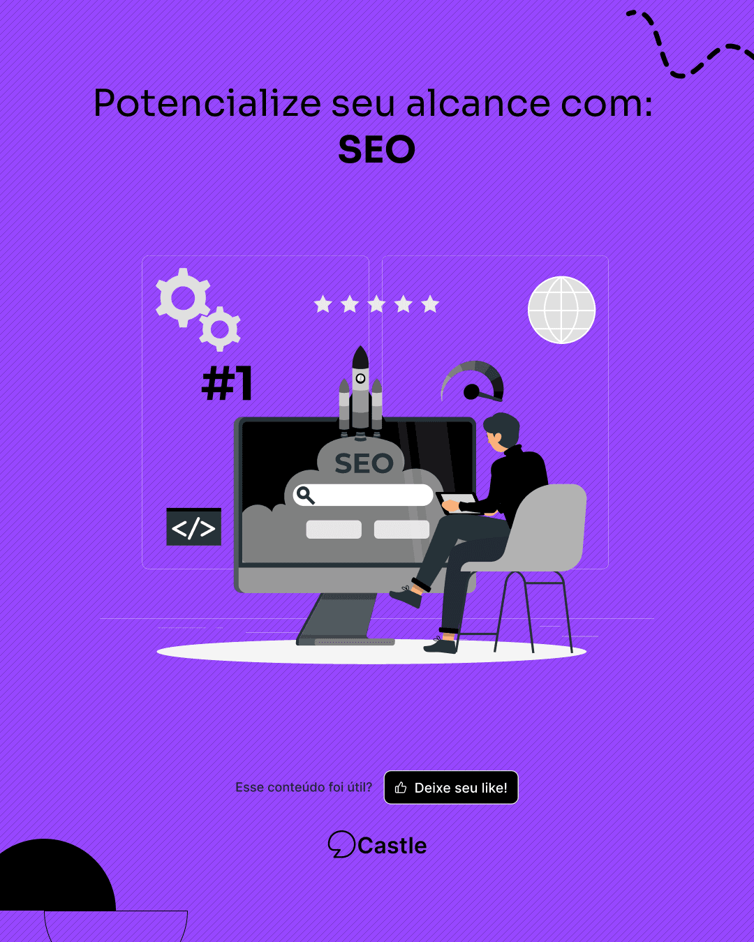 Ilustração de profissional usando laptop diante de tela com a palavra SEO, acompanhada de ícones de desempenho e foguete simbolizando crescimento digital e otimização de sites.